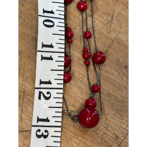 Long Layered Red Bead Necklace With Black Multistrand Wire & Lobster Clasp Jewel - Picture 4 of 9
